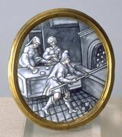 This enamel roundel depicts three figures in an interior. In the foreground a man with a soft pointed cap maneuvers small round loaves of bread in an oven with a long wooden paddle. Behind him a woman with an elaborate headdress and another figure prepare more loaves for baking. The silvery gray tones of this grisaille enamel impart the scene with a subtle luminosity.