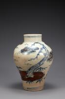 This jar has a long and upright mouth with a robust shoulder that give way to a body tapering toward the base. The crane, cloud, pine tree and rock are painted with blue and red copper pigment.<br />
<br />
This jar was produced at a kiln in Bunwon-ri, Gwangju-si, Gyeonggi-do after the privatization of official court kilns in 1883. Ten longevity symbols, including pine trees, rocks, lingzhi fungus, deer, cranes, clouds and bamboo, are decorated in cobalt-blue and copper-oxide pigment was used in parts to decorate the jar. Such jars featuring the ten longevity symbols were often used at events such as elder statesmen&rsquo;s gathering (giroyeon) and 60th birthday parties (hoegabyeon). Crackles were formed on the mouth and body, which are contaminated with impurities, but it remains intact overall. The foot retains traces of coarse sand supports, but lots of cracks were formed.<br />
[Korean Collection, University of Michigan Museum of Art (2014) p.169]