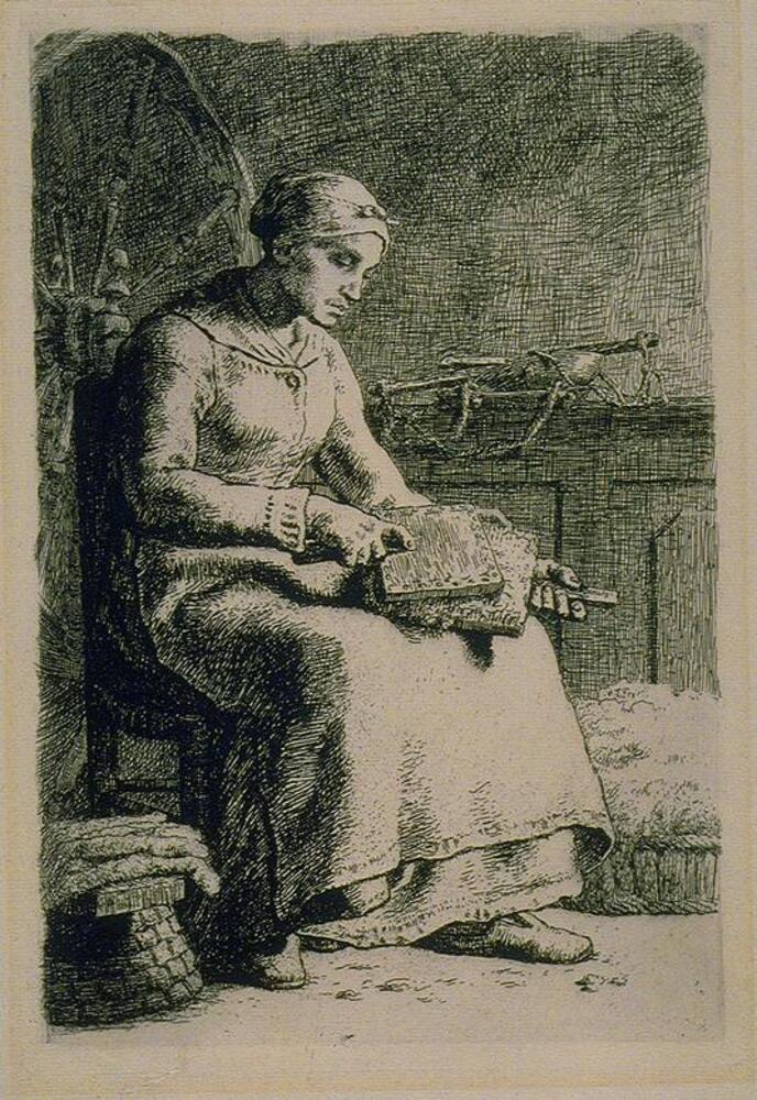 A woman is shown seated in a simple interior. She is holding carding combs and is seated next to a pile of uncarded wool on one side and skeins of yarn on the other. Behind her is the wheel of a spinning wheel.