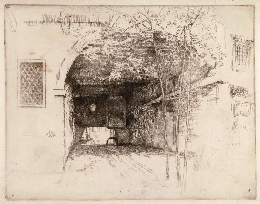 An empty covered passageway dominates this image. In the foreground are three young saplings. At the far end of the passageway a man can be seen sitting in the sunlight alongside the edge of the canal. On either side of the passageway in the foreground are windows and indications of cornices and other architectural elements.