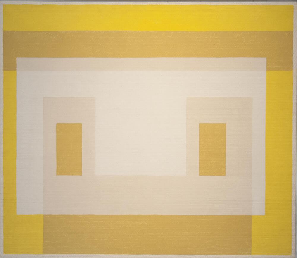 A white rectangle stretches from near the left edge to the right edge. It has two small verticle ochre rectangles close to either end. Around the white rectangle are sections of yellow and ochre.