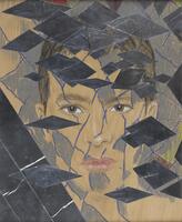 This drawing and collage shows the head of a figure with gray diamonds and blue stripes across his face. Strips and diamonds in a metallic material overlay the drawing. The piece is in the artist-made original frame and the drawing is signed and dated on the veneer (l.r.) "A. Mania 06".