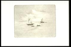 This print shows two sailboats and three rowboats—one with rower—on Cuter Harbor, Maine, with clouds on the horizon.