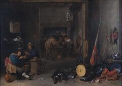 Groups of men gamble, smoke, and drink in a dark guardroom. In the left foreground a seated man wearing a red sash lights his white clay pipe, while his companion pauses his smoking to listen to a man standing next to him. The red of the smoker&#39;s sash is repeated in the flag and fabrics strewn about in the right foreground, which form part of a still-life of weapons, musical instruments, and glinting armor heaped together against the wall. Between these brightly lit foreground vignettes the scene recedes into the darkened interior where a group of five men gather about a table to gamble.