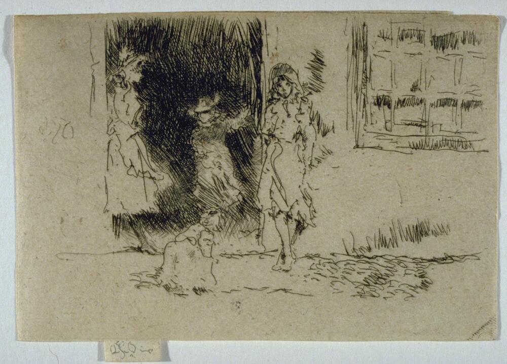 Four girls stand in, adjacent to, or in front of a dark open doorway. The doorway is cropped at the top, focusing on the figures. To the right is the partial view of a window.