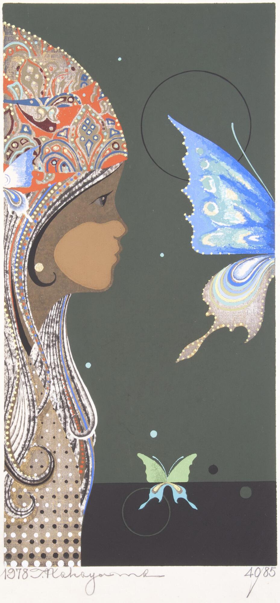 A girl with her head and body in profile and she is&nbsp;looking at a half blue and half white butterfly. Her hair is decorated with abstract designs and her shirt is tan with rows of white and brown dots. There is a smaller green and blue butterfly toward the bottom of the print.