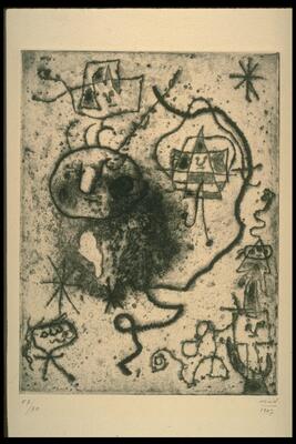 This etching with drypoint had a series of abstracted figures created with line. There is a large head at the center and around it there are at least five other heads/figures. Through the right-center of the page there is a strong black, winding line. In addition, there is a large starburst at the top right. The print is signed and dated (l.r.) "Miró / 1947" and numbered (l.l.) "57/70" in pencil.