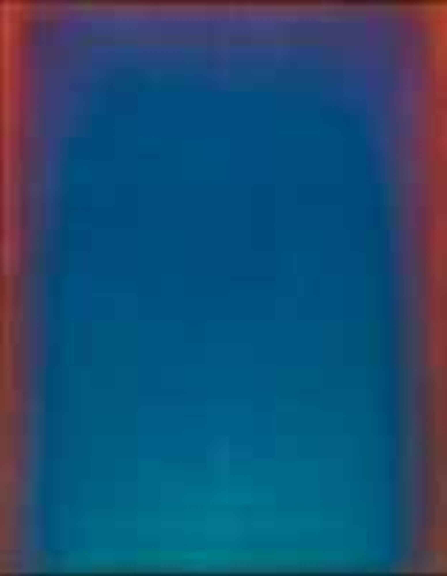 Large abstract painting with an orange border that fades to purple and then becomes bright aqua-blue at the center.