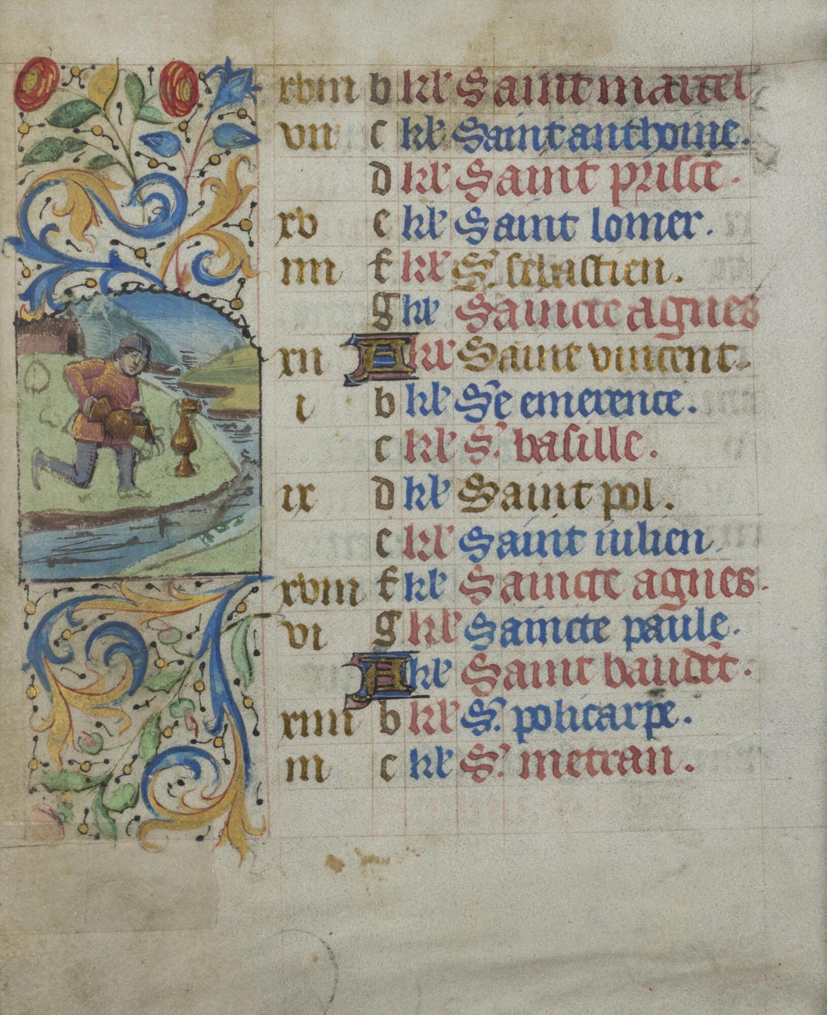 A double-sided illuminated manuscript leaf with three columns of text in gold leaf,&nbsp;red, and blue French blackletter script encased by a floriated border. There are two&nbsp;small miniatures, one on either side of the leaf, framed in arched compartments.<br />
<br />
The illustrated compartment on the recto features a seated man wearing a long blue&nbsp;tunic and red cap seated at a table in an interior marked by a stone fireplace. A&nbsp;smaller servant boy dressed in a long tunic presents the man with a platter. The&nbsp;compartment on the verso contains a landscape with a winding river where a man&nbsp;kneels, dressed in pants and a tunic shirt, and draws water into copper jugs.