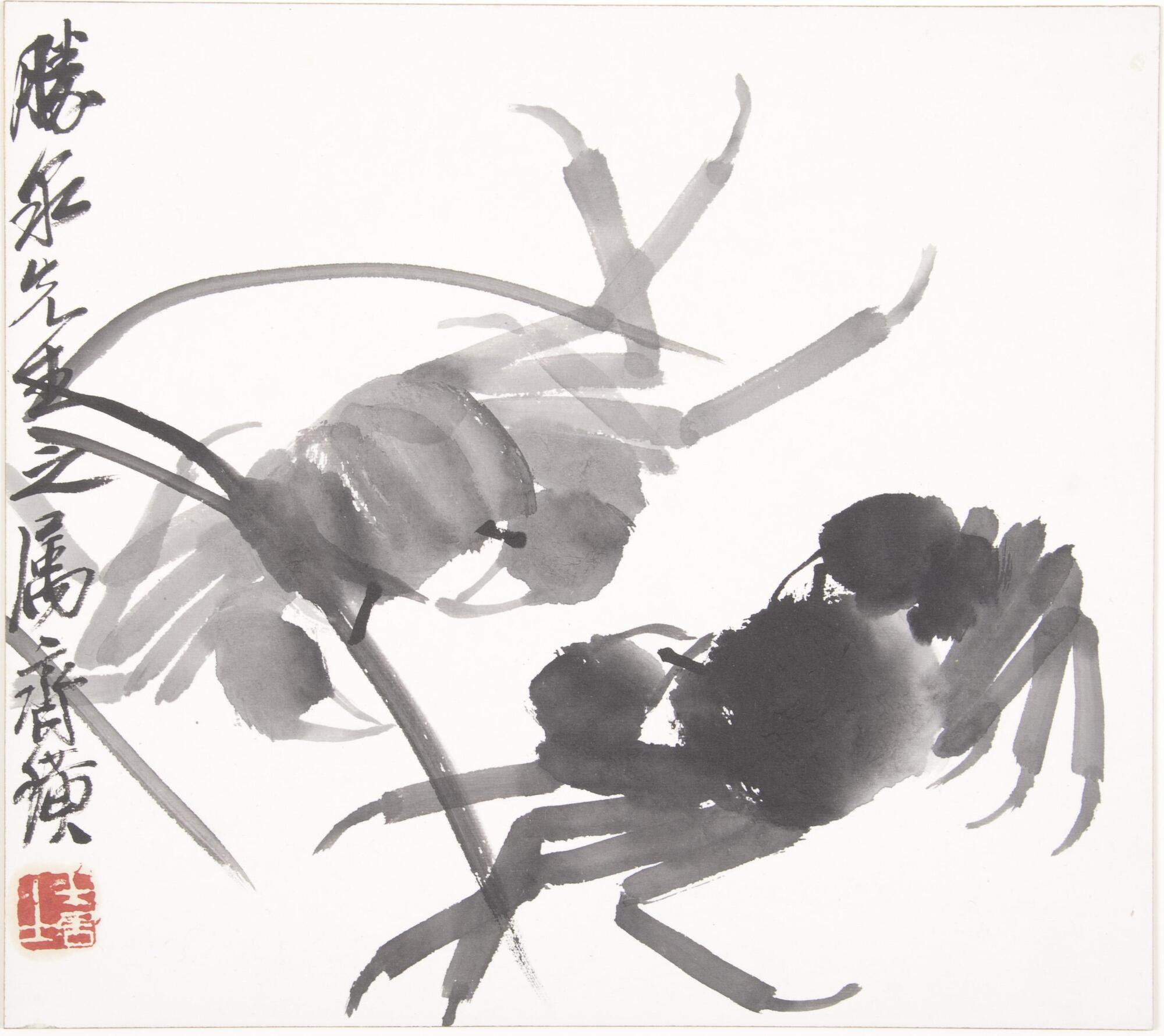 The painting depicts two crabs with aquatic plants. The artist signed his pen name, Qi Huang, and sealed another pen name, Wood Hermit.