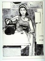 This image consists of three planes parallel to the picture plane: a far plan of vague, flat furniture-like shapes; a middle plane of a woman sitting facing forward, and a close plane of a table top. The dark-haired woman wears a striped shirt and light colored headband, she has her legs crossed, and is looking forward. Her dark purse sits atop table.