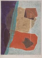 An abstract color print on a woodblock. Purple covers the left side of the print and ends in a turqoise stripe. A beige, ragged circle and a red, oblong rectangle take up the center of the print. They each have a brown marking.