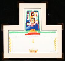 A print on paper cut in the shape of a upsidedown "T."  The fat rectangle at the bottom is nearly empty, with yellow stripes on three sides indicating walls,  The thinner rectangle at the top contains structures outlined in bright red, yellow, blue, and green.