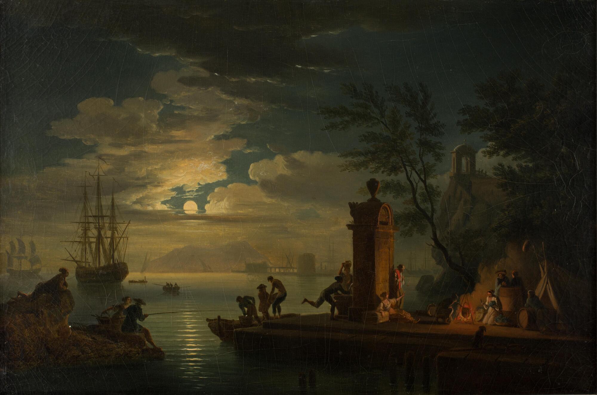 A nocturnal scene with ships, a dockyard, and a mountain range in the background.  People are gathered in the foreground partaking in various activities, illuminated in part by the moon and its reflection on the sea, as well as by a fire.