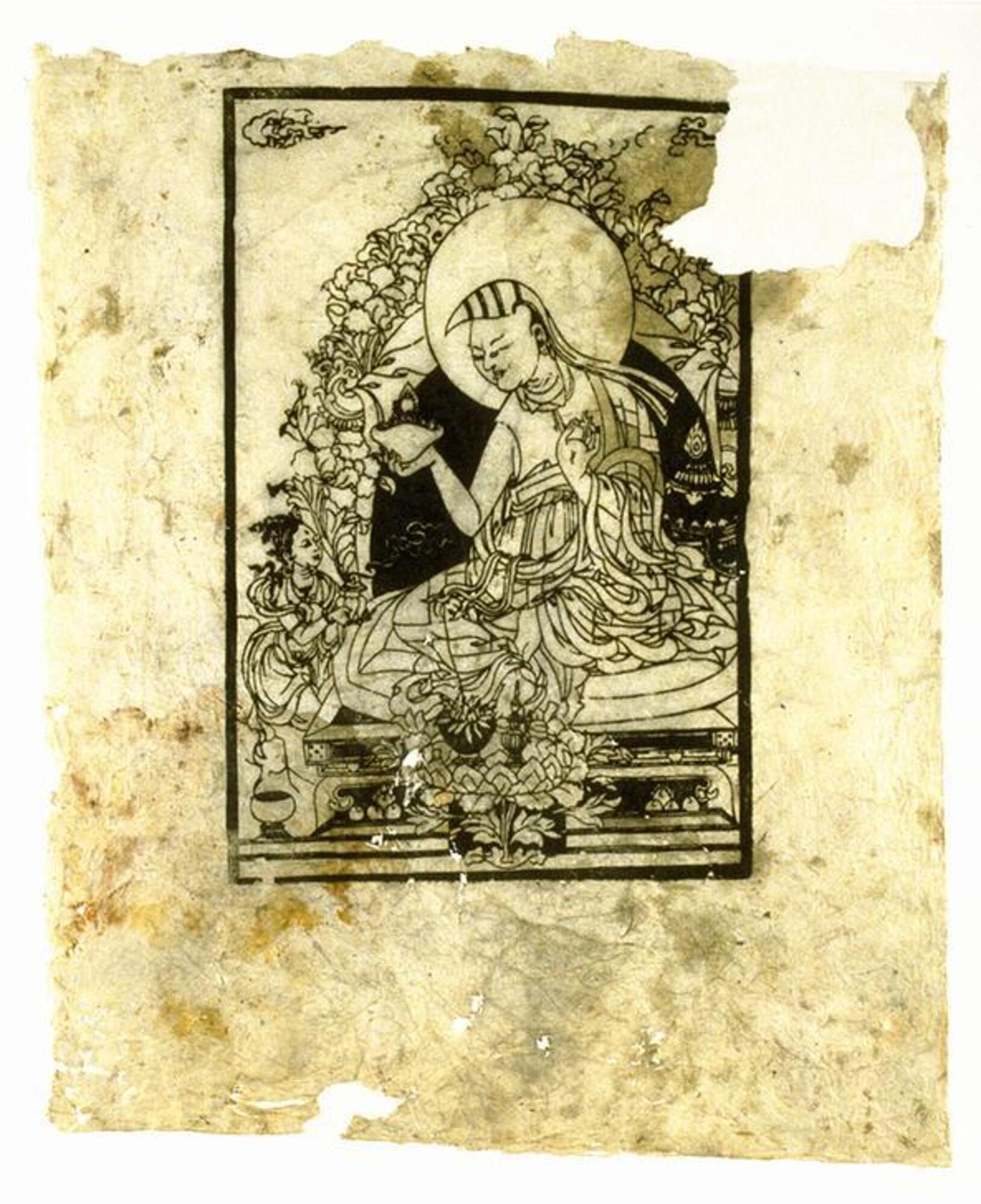 A woodblock print on paper, with large tears at the upper right hand and lower left hand corners, much abraded. Formerly placed insite the conch trumpet 1982/2.42 as a talisman.