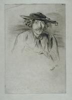 A man with curly hair and a moustache is shown looking at the viewer. He is wearing a dark, broad-brimmed hat at a slight angle, a ribbon hanging over the brim on the right side. His hands are barely indicated, but he is holding paper in his left hand and writing or drawing with his right hand.