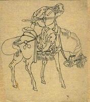 A man is shown riding a horse, with a sword tucked into his belt. He is wearing a simple-styled premodern garment and a cap. Both the man and the horse seem tired, with their bodies bending forward and heads drooping.