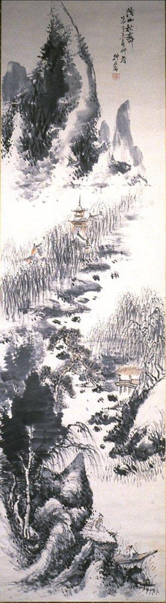 This painting on a hanging scroll is predominantly painted in black ink. To the right middle of the painting is a stream. Along the left side from edge to edge are plants, trees, and rocks which gradually turn into rocky mountains as it gets closer to the top. Littered on the left side are small buildings. There is also a small roofed building at the edge of the stream. There is an inscription on the upper right side that contains two lines and signature following on the left and a small red stamp.&nbsp;