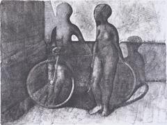 Two faceless women standing beside a bicycle. They are both nude and their faces are pointed away from the viewer.