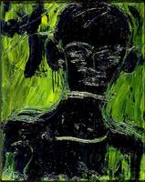 Bust-length portrait of figure in black on green background using thickly applied paint.