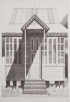 A black and white print of a small house. The house is on stilts and has steps leading up to it.