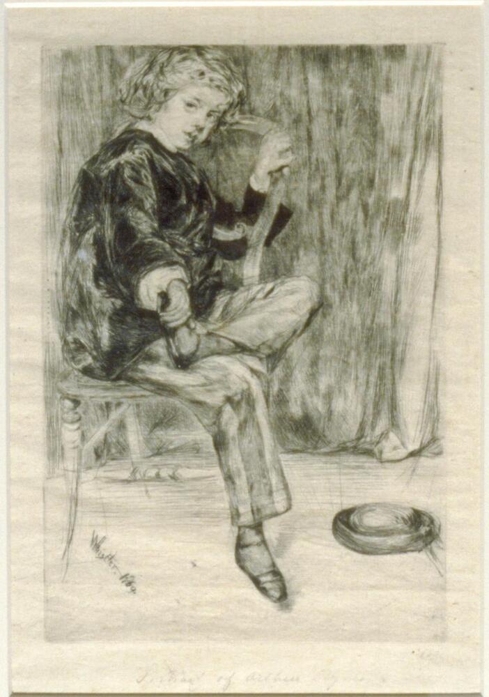 A young boy sits sideways on a chair and looks at the viewer. The chair faces the viewer; the boy sits facing to the right, his left leg crossed over the right. He his left hand is on the back of the chair, and his right hand holds his left foot. He has thick waving hair and is dressed in a short black velvet coat and striped pants. Behind him is a curtain and on the floor at lower right is a dark straw hat.
