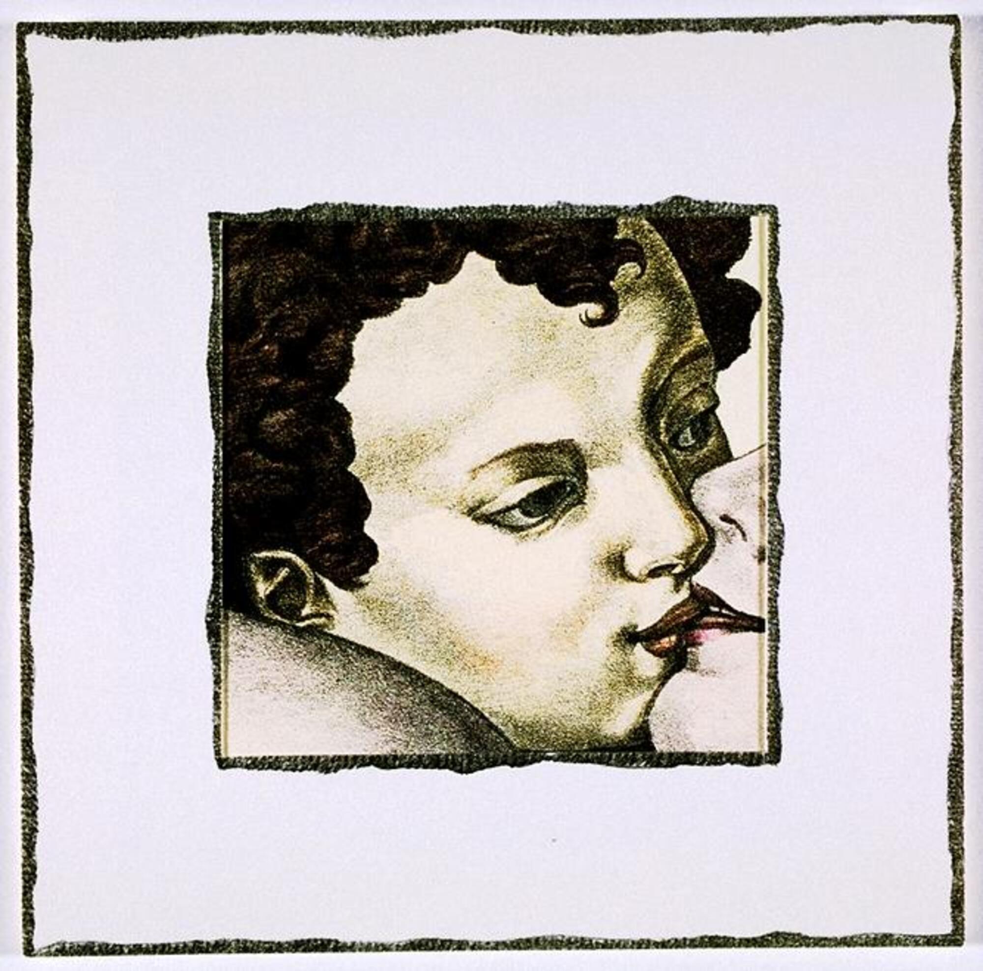 This print shows a young boy, nearly in profile, kissing another figure with feminine lips.
