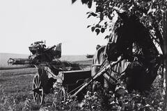 Trees and bushes surround a horse and cart in the foreground while a harvester works in a field in the distance. 
