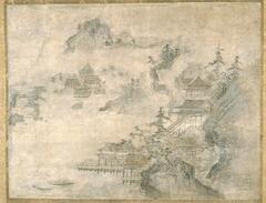 Shown is a complex of temple building on a lakeside. There is a small grouping of buildings on the opposite side of the lake to the left and there is a long building that runs along the right side of the lake with a passage-way to the docks on which is the end of the building. Surrounding the temple complex are pine trees, cliffs, and mist. On the bottom right of the painting is the Seal of Shūbun which lets&nbsp;us know that this is a Shūbun style ink-painting.