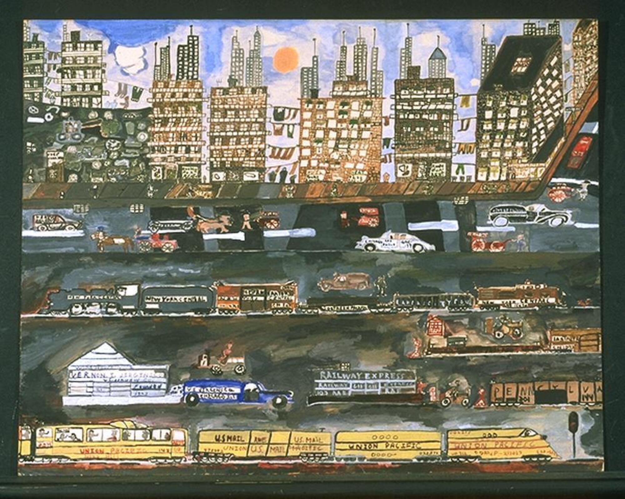 This colorful watercolor shows a crowded cityscape with streets appearing in consecutive horizontal bands, each with buildings or specific types of vehicles. High-rise buildings in the background and various smaller buildings, trains, and cars move along the streets in front. Clothes-lines hang between the buildings in the background. A yellow train passes in the foreground. The artists name appears on a white vehicle near the bottom left.