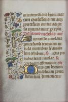A double-sided illuminated manuscript leaf with a column of Latin blackletter script&nbsp;abutted by floriated marginalia in red, green, blue, and gold leaf. Two illuminated&nbsp;initials can be found on each side of the leaf, as well as red rubrication.