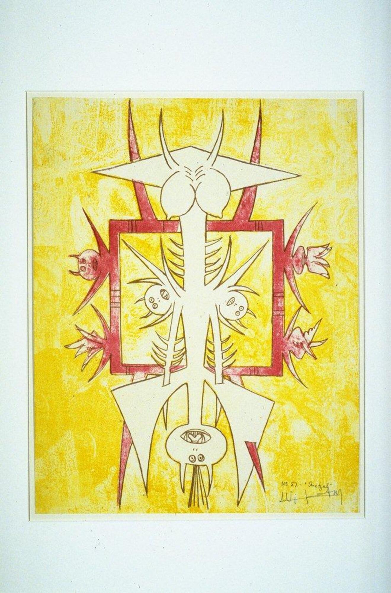 This color lithograph has a bright yellow background with figures in red and white at the center. Horizontally oriented at the center is a large white semi-geometric creature with three heads—one at the bottom and two at the flanks—that is capped with horns and breasts. There is a red box-like figure in the background that has a horned head and a series of horns, wings, and flames emanating from it. The print is numbered, titled and signed (l.r.) in pencil: "no 57 - "Quetzal" / Wilfredo Lam".