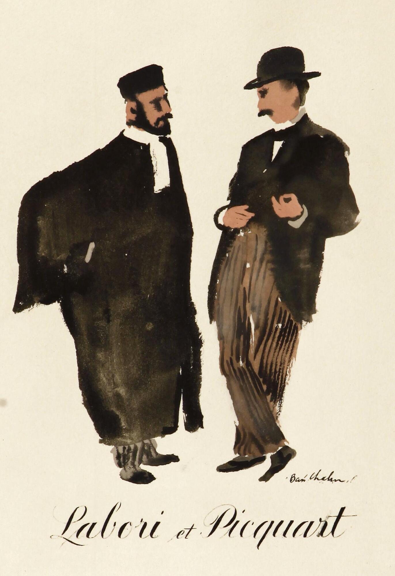 Two men stand in a conversational pose.  The man on the left is dressed in robes while the other is in regular street clothing.  Beneath the men reads "Labori et Picquart", or "Labori and Picquart".