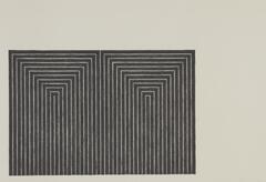 This print shows a black horizontal rectangle in the lower left portion of an off-white background. The rectangle is divided in half and each side has a pattern of stripes that create the appearance of inverted u-shaped forms stacked one on top of the other. <br />