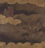 This painting shows five figures in conflict. Set in a background of clouds, two individuals sit upon the clouds in the sky looking down on three individuals who appear to be rushing into ambush. The two figures on the cloud above on the upper left can be concluded to be divine beings in conversation with each other and wearing elaborate garments. The three individuals on the bottom right appear to be mortal, wielding weapons and wearing very little clothing. There appear to be no inscriptions.&nbsp;