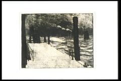 This black and white etching shows a pier that dominates the foreground of the scene, and recedes toward the left distance while the center distance is vague darkness. There are tall, black pillars along the pier and waves of the water visible to the right of the image. The print is signed (l.r.) "Emil Nolde".