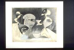Black and white drawing of organic forms vaguely resembling human figures flowing into one another in a room-like space. On the right hand side of the grouping stands the most recognizably humanoid figure.