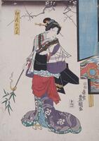 In this print, a woman holds a branch with leaves.  She wears a purple and white robe and a black sash over several other colorful layers.  A colorful platform is visible on the right part of the print.<br />
 <br />
This is the left panel of a triptych (with 2011/2.191.2 and 2011/2.191.3).<br />
 <br />
Inscriptions: Nakai Otsuru; Toyokuni ga (Artist's signature); Yamaguchi Tōbei (Publisher's seal); Hama and Kinugasa (Censor's seals)