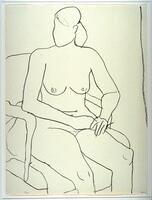This print shows the outline of nude, faceless woman with her hair in a ponytail, seated in an armchair. Her hands rest on her right thigh, one on top of the other. Her knees point to the right while her head faces to the left.