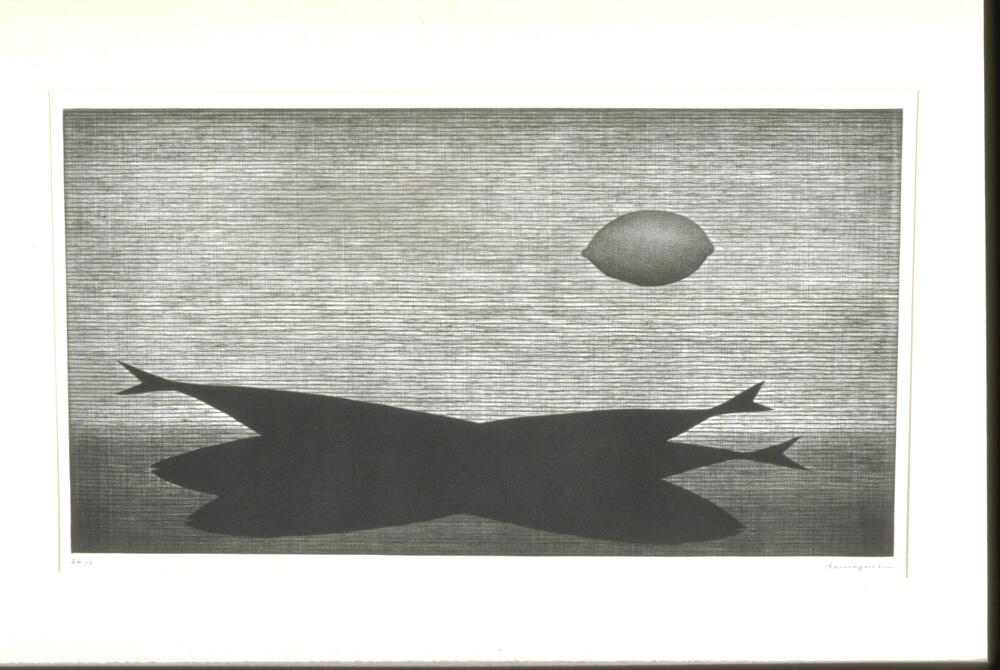 This black and white print shows fish silhouetted in black at the bottom of the print slightly left of center. The background is various shades of gray created by criss-crossed lines, and a lemon hovers in the air in the upper right side of the print. 