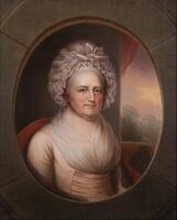 Bust-length portrait of a woman with grey hair in a cream colored dress seated in a red chair with a view of the landscape to right of figure seen through an illusionistic stone oval window or oculus.