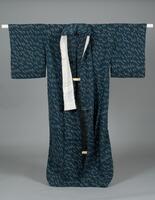 <p>dark cyan cotton and linen komon kimono with interwoven light green brushstroke patterns with no inner lining (hitoe).</p>
