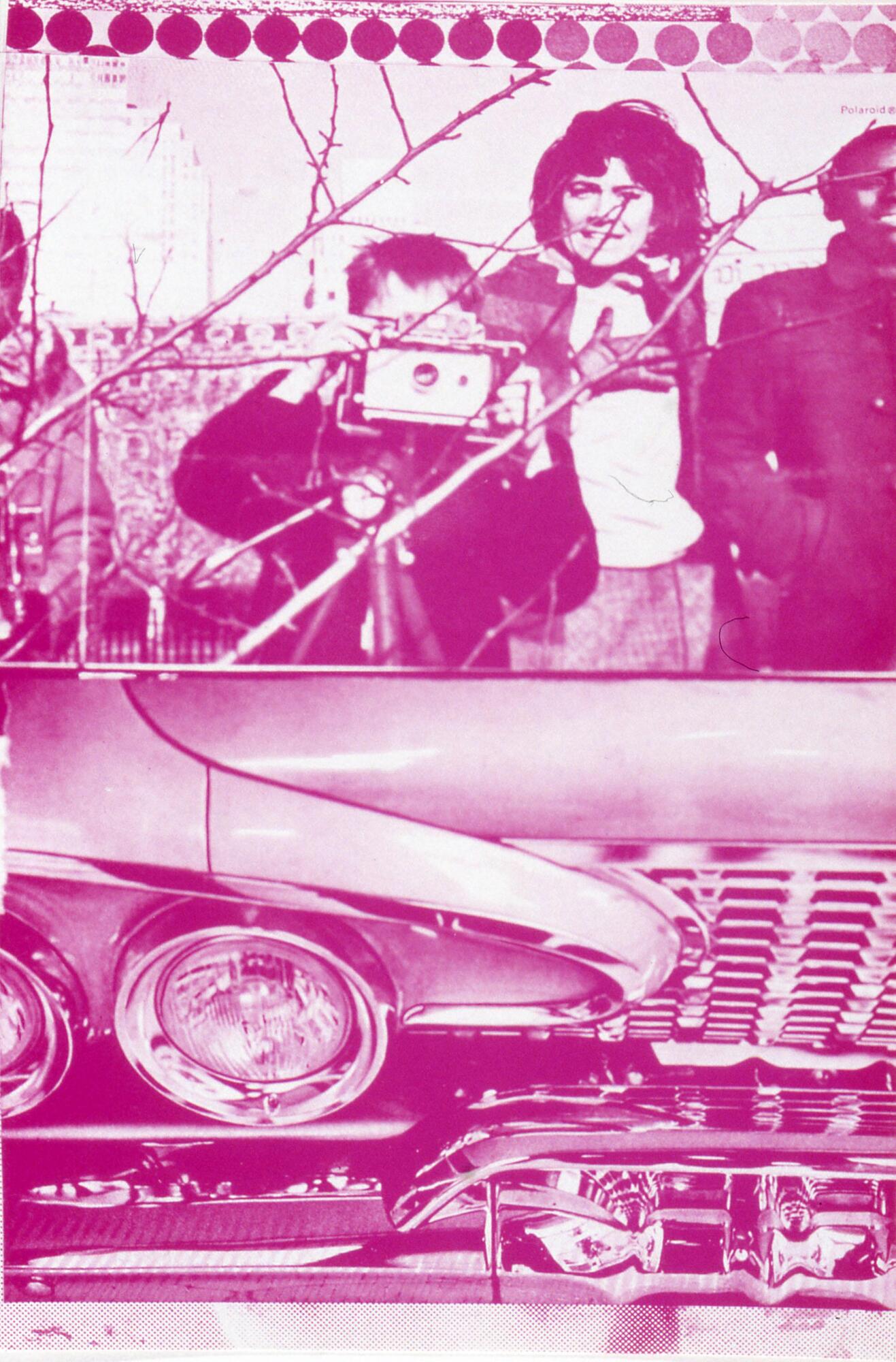 This vertically oriented print with an image on the top and bottom shows young people above, one with a camera pointed at the viewer, and the grill of a car below.