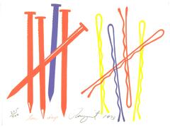 This colorful, minimalist print shows five nails on the left (four red and one purple), and five bobby pins on the right (two yellow, two red, and one purple). Nails and bobby pins are arranged as tally marks, four vertical and one crossing horizontally.<br />
Edition 225/300