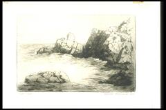 This horizontal print shows a crescent of land, open on the left side, encircling a rocky beach. A monolithic rock rises at the far end of the crescent which may be the Pulpit Rock named in the title. 