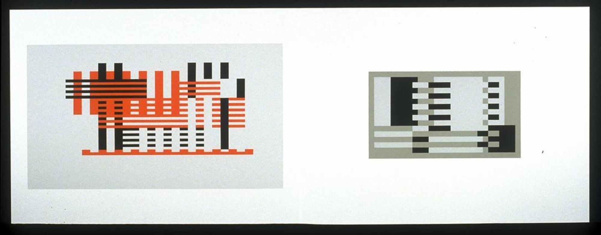 On a long white horizontal piece of paper are two rectangles, the one on the left is larger and the on the right, smaller. On the left rectangle are orange, white and black vertical and horizontal stripes. On the right rectangle there are black, white and grey stripes. 
