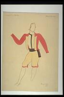 This costume design for a male dancer shows short, pale yellow pants with orange trim, a tight white shirt/vest, an orange jacket with white lapels, and a brown and black belt.