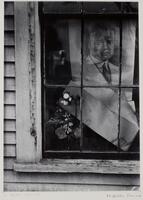This work shows an exterior view of a window; inside the window are flowers and a poster portraying a portrait of a man.