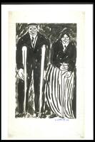 A black and white ink drawing of two figures, filling the frame. The figure on left is in a suit and leans on crutches. The figure on the right, a woman wearing a striped skirt and black jacket, leans forward with eyes closed and a cup in her hands.