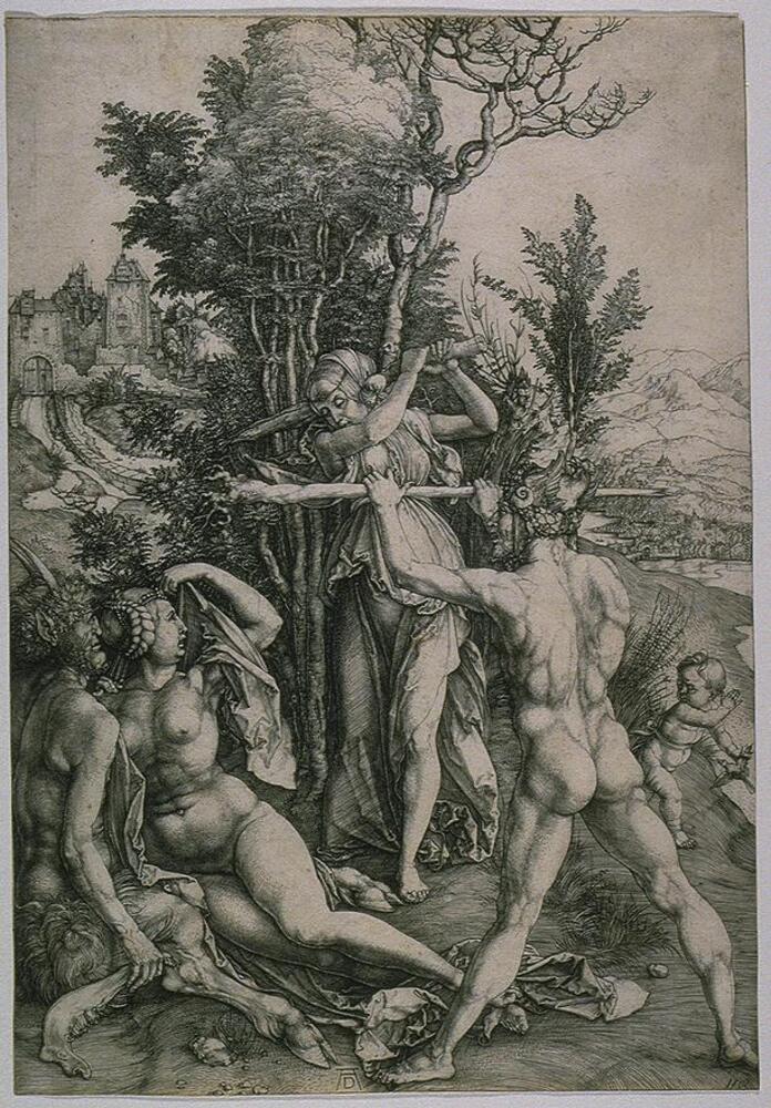 A nude man seen from behind raises a staff to ward off the blow of a standing female figure, also with a staff. The woman&#39;s swing is directed to two seated figures at the lower left: a nude woman and a satyr. In the distance is an elaborate gated city and landscape.